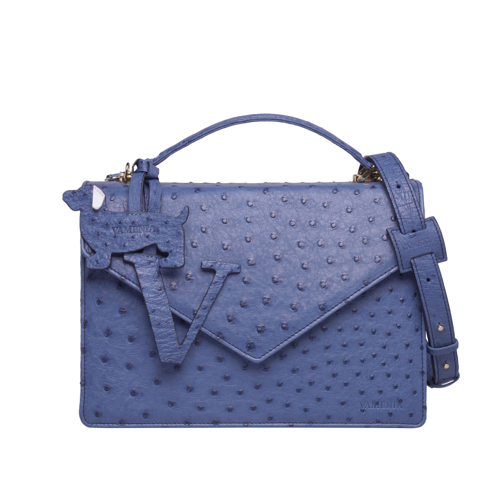 Henkeltasche mit Umhängegurt Straußenleder blau